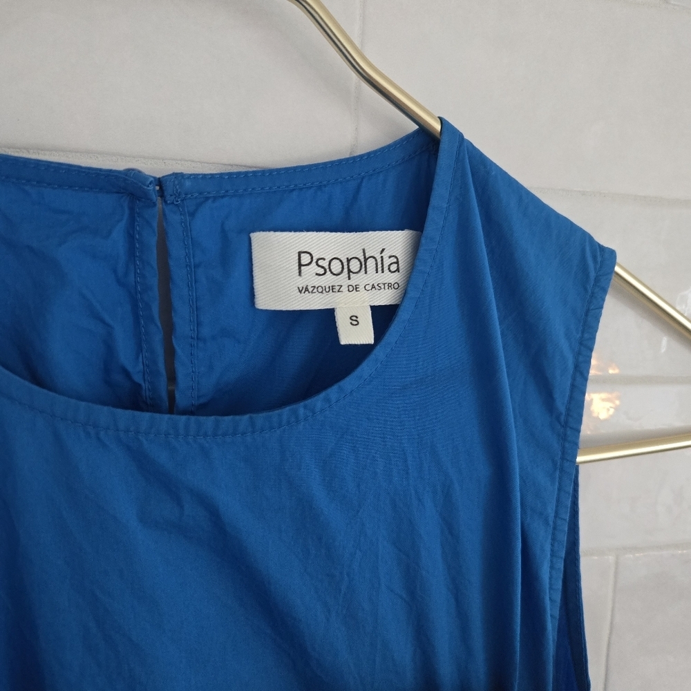 Psophia Cobalt Blue Ruffle Midi Dress Sleeveless Belted Size Small 100% Cotton - Picture 3 of 9